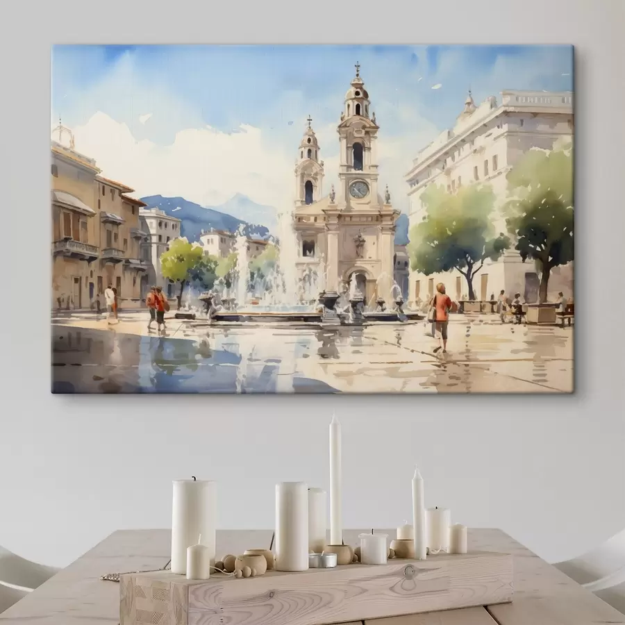 Wandbilder Abstrakte Stadtlandschaft mit Turm und Springbrunnen auf einem Stadtplatz, Berge in der Ferne, Aquarellstil s43397