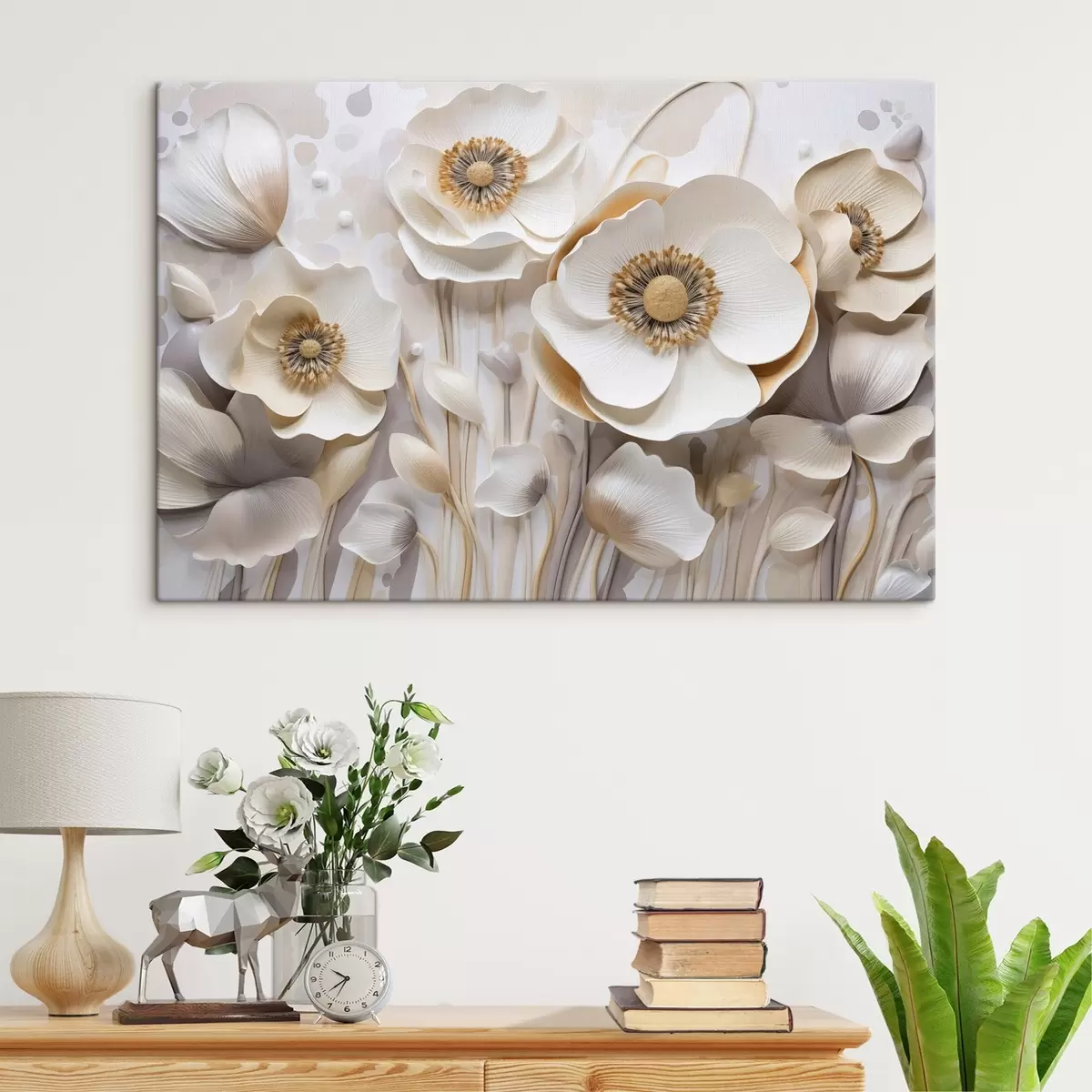 Wandbilder Weiße Anemonenblüten mit gelber Mitte, mit minimalistischem Hintergrund, der ein zartes Blumenmuster ergibt s43400