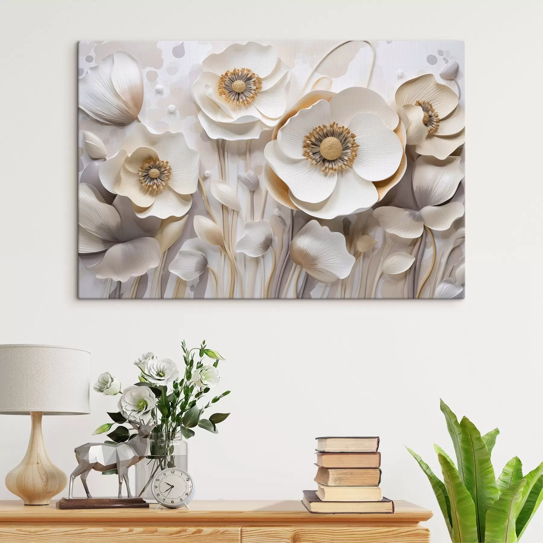Wandbilder Weiße Anemonenblüten mit gelber Mitte, mit minimalistischem Hintergrund, der ein zartes Blumenmuster ergibt s43400