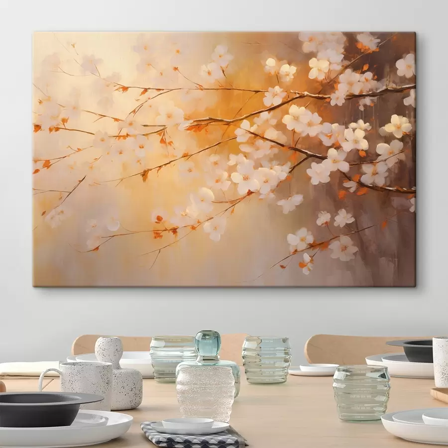 Wandbilder Kirschblütenzweige mit orangefarbenen Blüten, warme Farbpalette, vor einem unscharfen Hintergrund aus gelben Farbtönen s43407