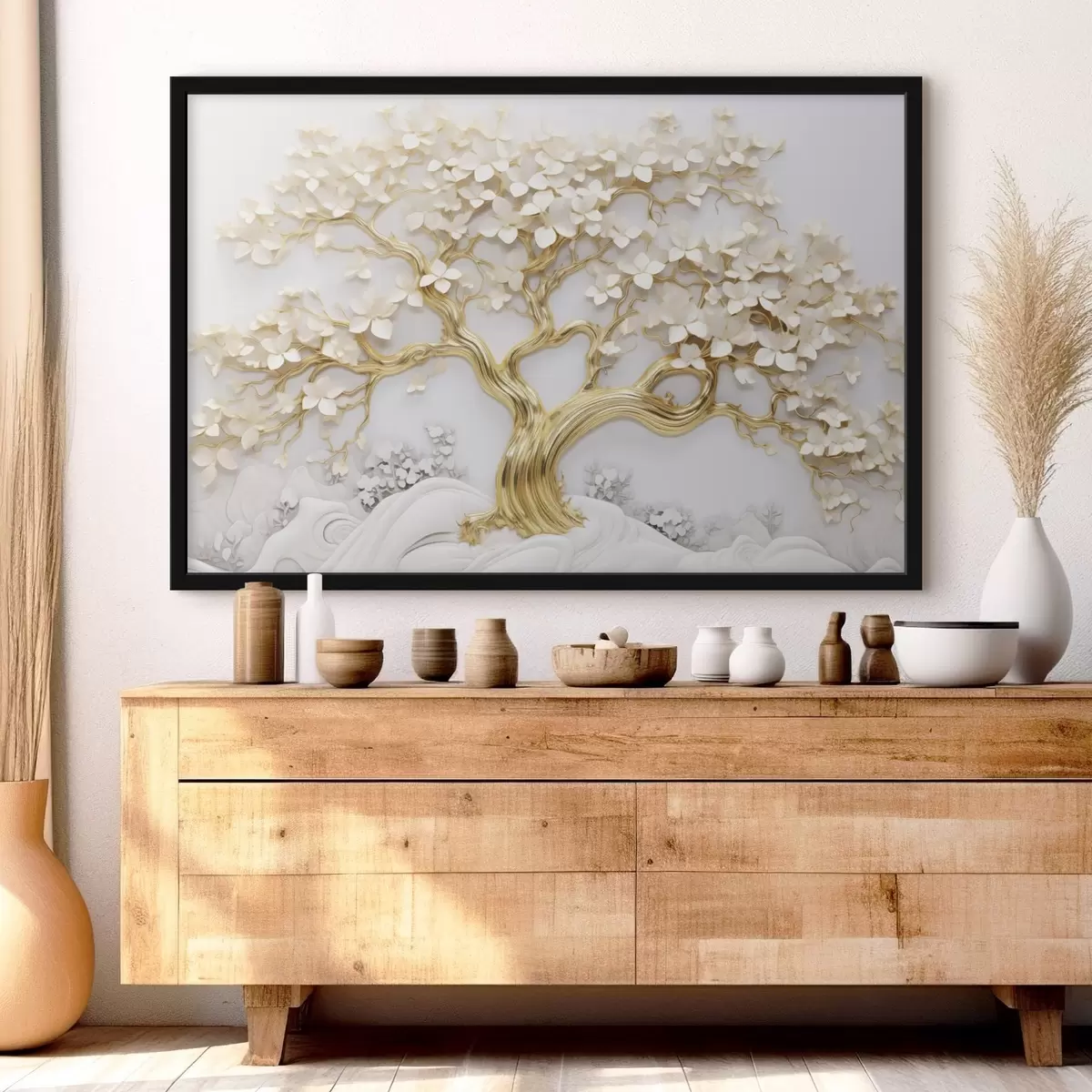 Poster Dekorativer Baum mit weißen Blumen, weißer Hintergrund, weiße Felsen, komplizierte Details, von der Natur inspirierte Kunst f43388