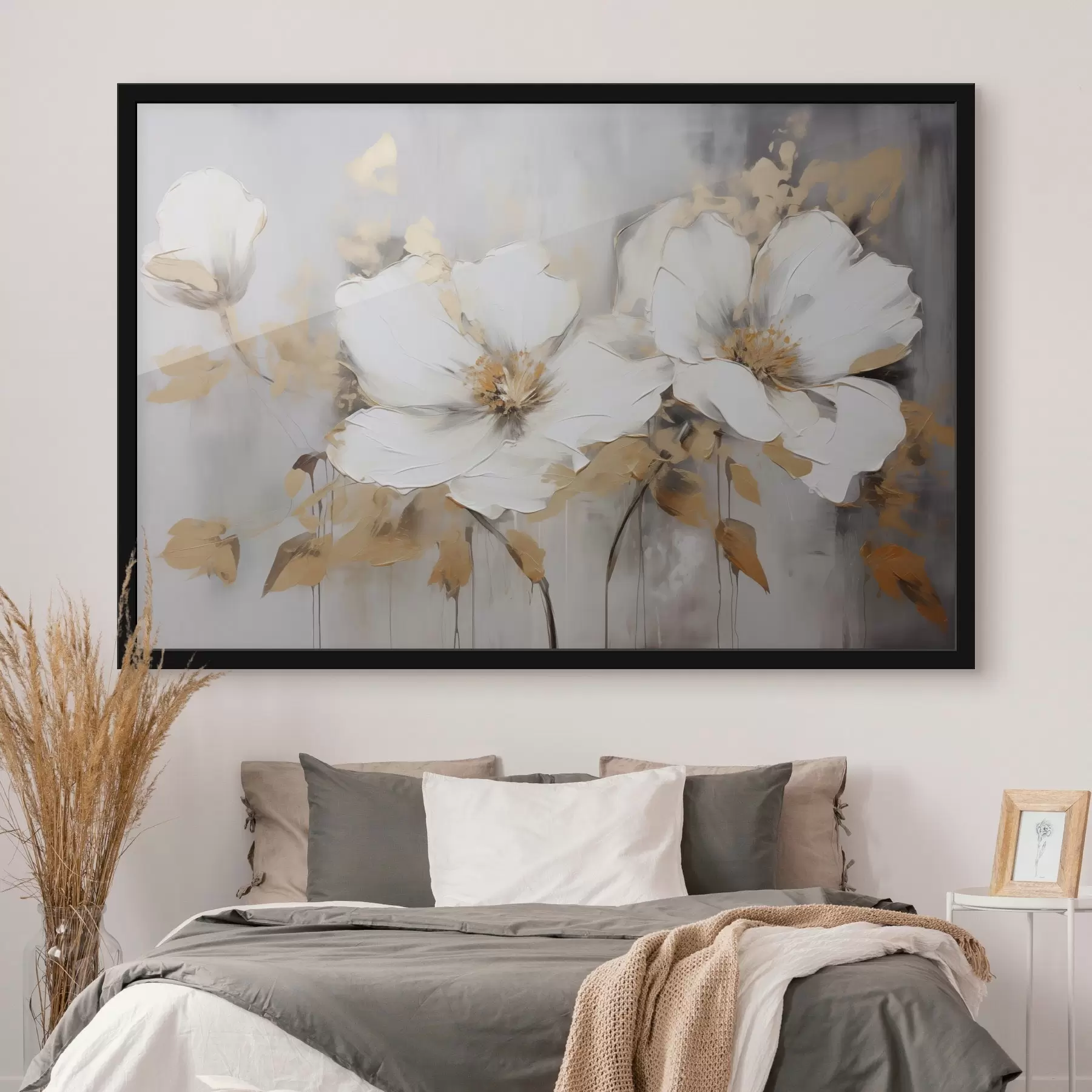 Fototapete Weiße Blumen mit gelben Blättern auf einem weißen Hintergrund, dicke Pinselstriche Nachahmung, strukturierten modernen Stil f43389