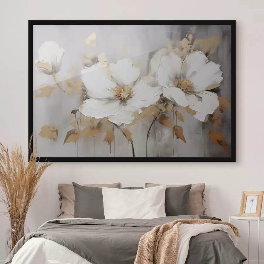 Fototapete Weiße Blumen mit gelben Blättern auf einem weißen Hintergrund, dicke Pinselstriche Nachahmung, strukturierten modernen Stil f43389