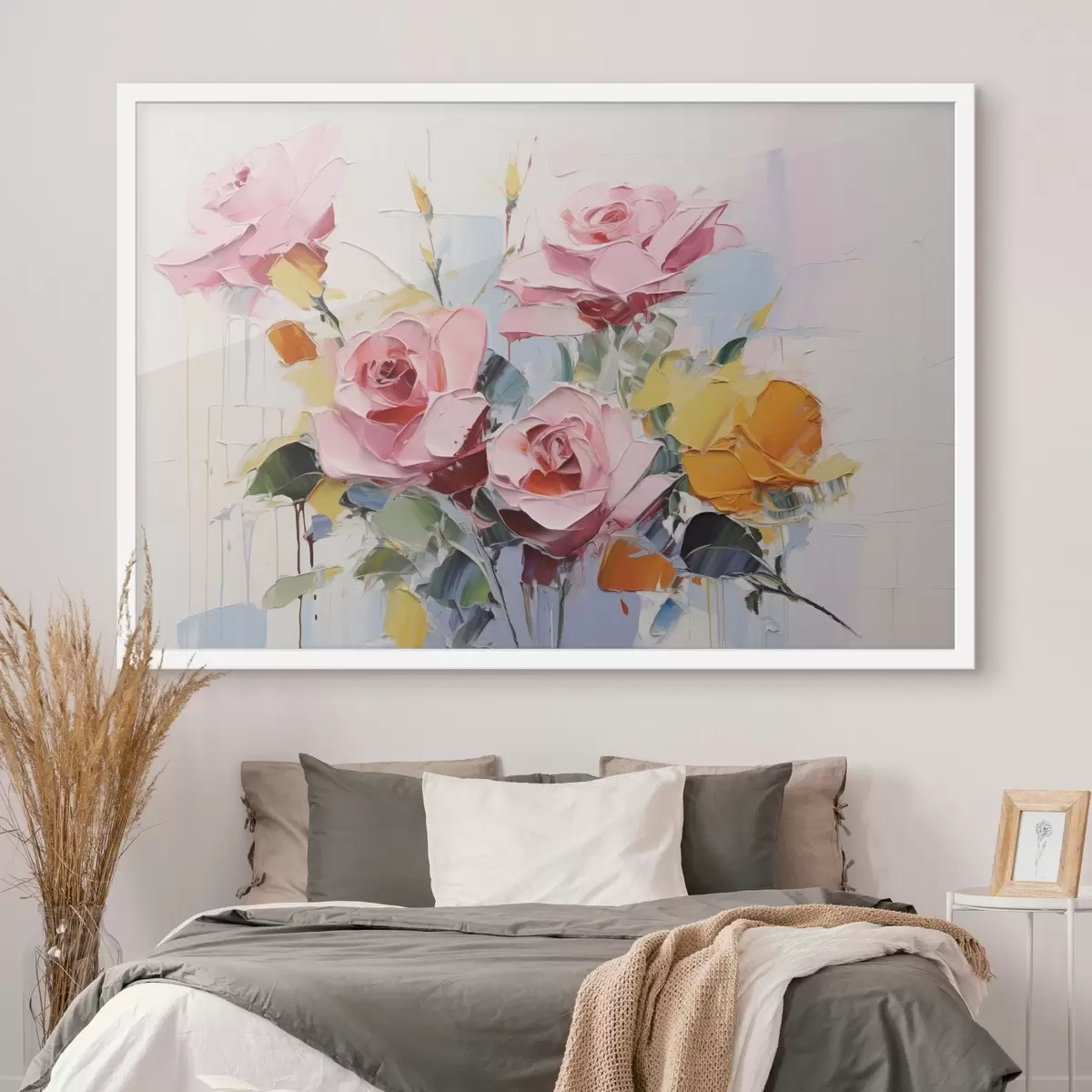 Poster Moderne abstrakte Kunst von rosa und gelben Rosen mit Blättern, dicke Pinselstriche, Ölgemälde Nachahmung, Pastellfarben f43392
