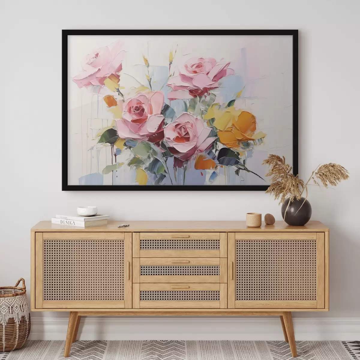 Poster Moderne abstrakte Kunst von rosa und gelben Rosen mit Blättern, dicke Pinselstriche, Ölgemälde Nachahmung, Pastellfarben f43392