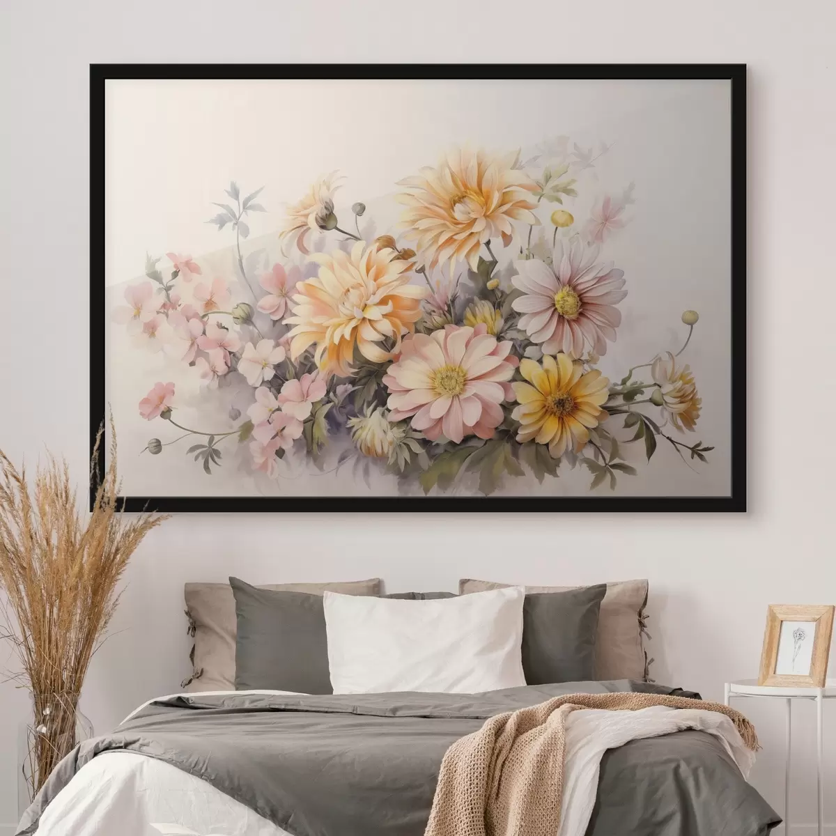 Poster Eine Sammlung von rosa, gelben und orangefarbenen Blumen, hellen Hintergrund, weiche Farben, Vintage-Stil, botanische Illustration f43401