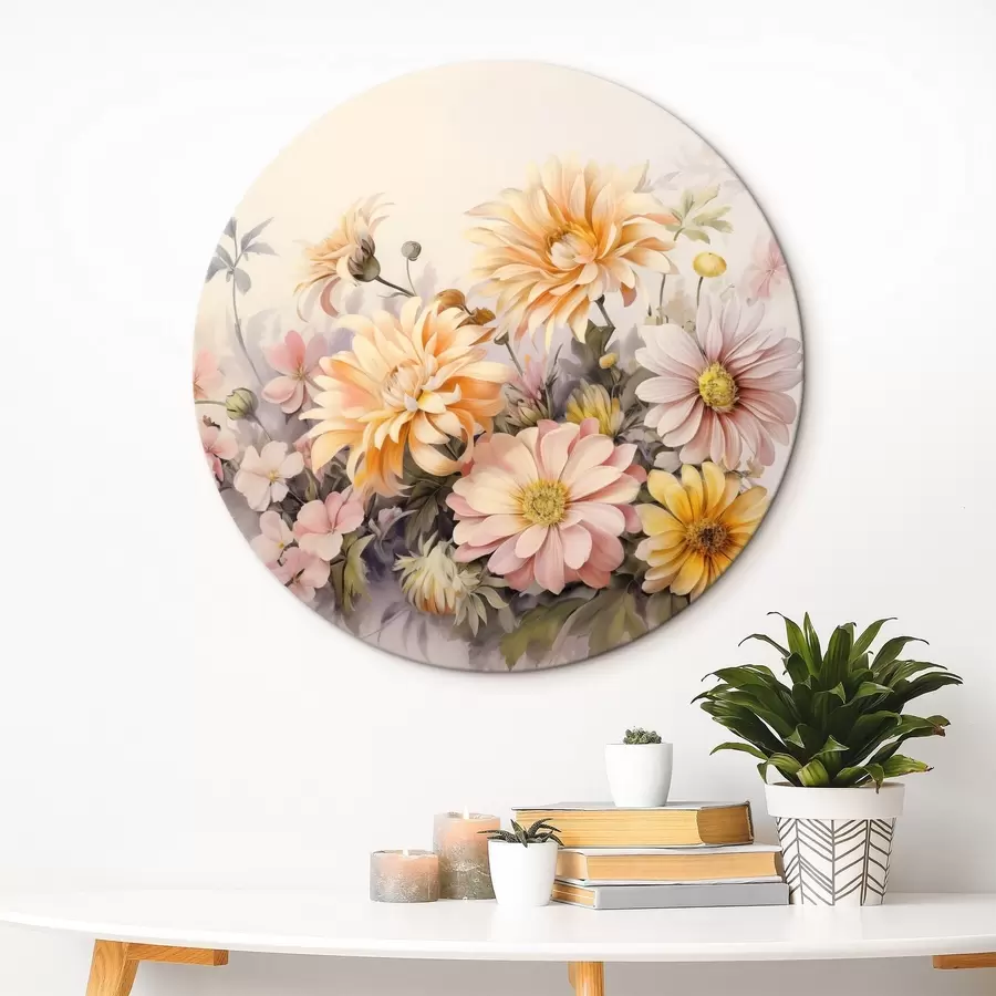 Wandbilder Eine Sammlung von rosa, gelben und orangefarbenen Blumen, hellen Hintergrund, weiche Farben, Vintage-Stil, botanische Illustration r43401