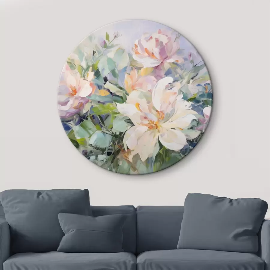 Wandbilder Ein Blumenarrangement mit pastellfarbenen Blumen und blauen Blättern, Ölgemälde-Imitation r43390