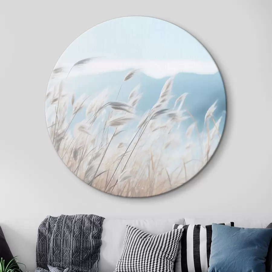 Wandbilder Gras, Pampa Feld mit einem blauen Berg im Hintergrund, hellblauer Himmel, minimalistisch, Pastellfarben r43404