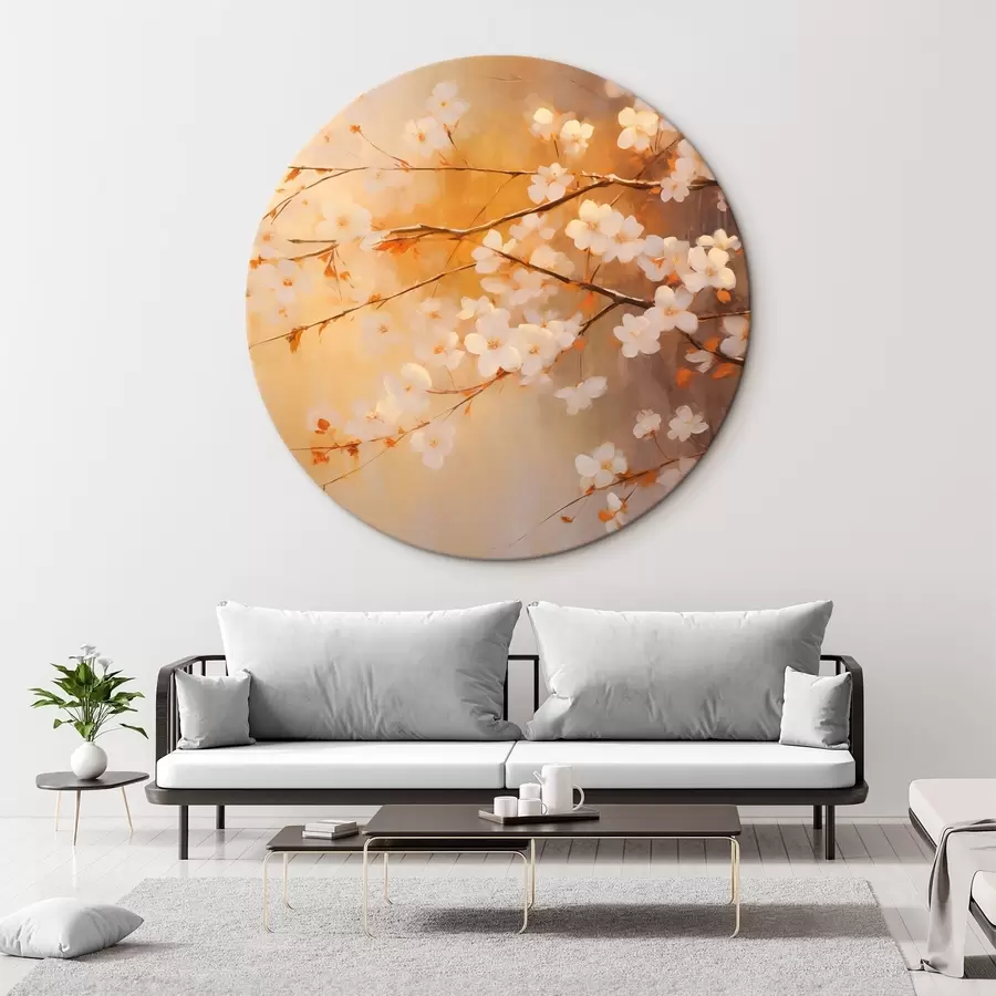 Wandbilder Kirschblütenzweige mit orangefarbenen Blüten, warme Farbpalette, vor einem unscharfen Hintergrund aus gelben Farbtönen r43407