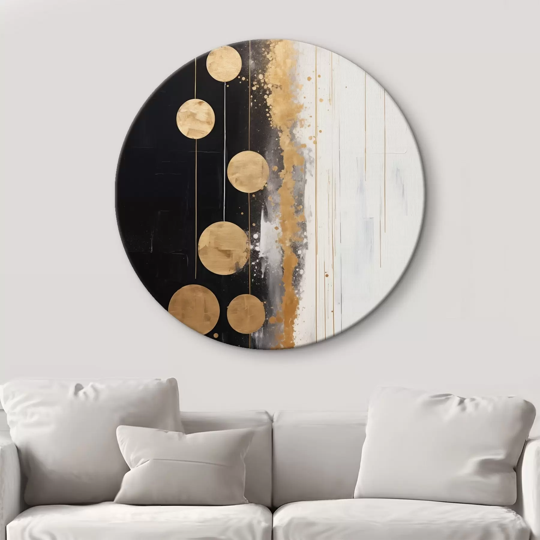 Wandbilder Abstrakte Kunst mit gelben Kreisen auf schwarzem und weißem Hintergrund mit weißen und gelben Flecken hängen r43410