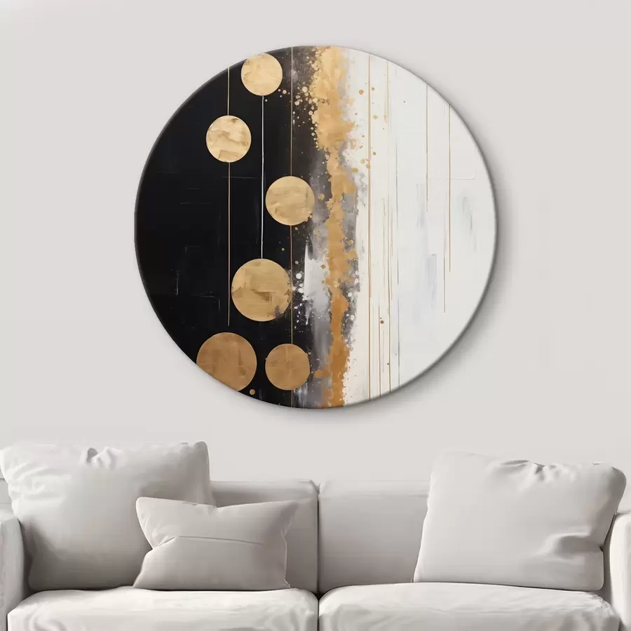 Wandbilder Abstrakte Kunst mit gelben Kreisen auf schwarzem und weißem Hintergrund mit weißen und gelben Flecken hängen r43410