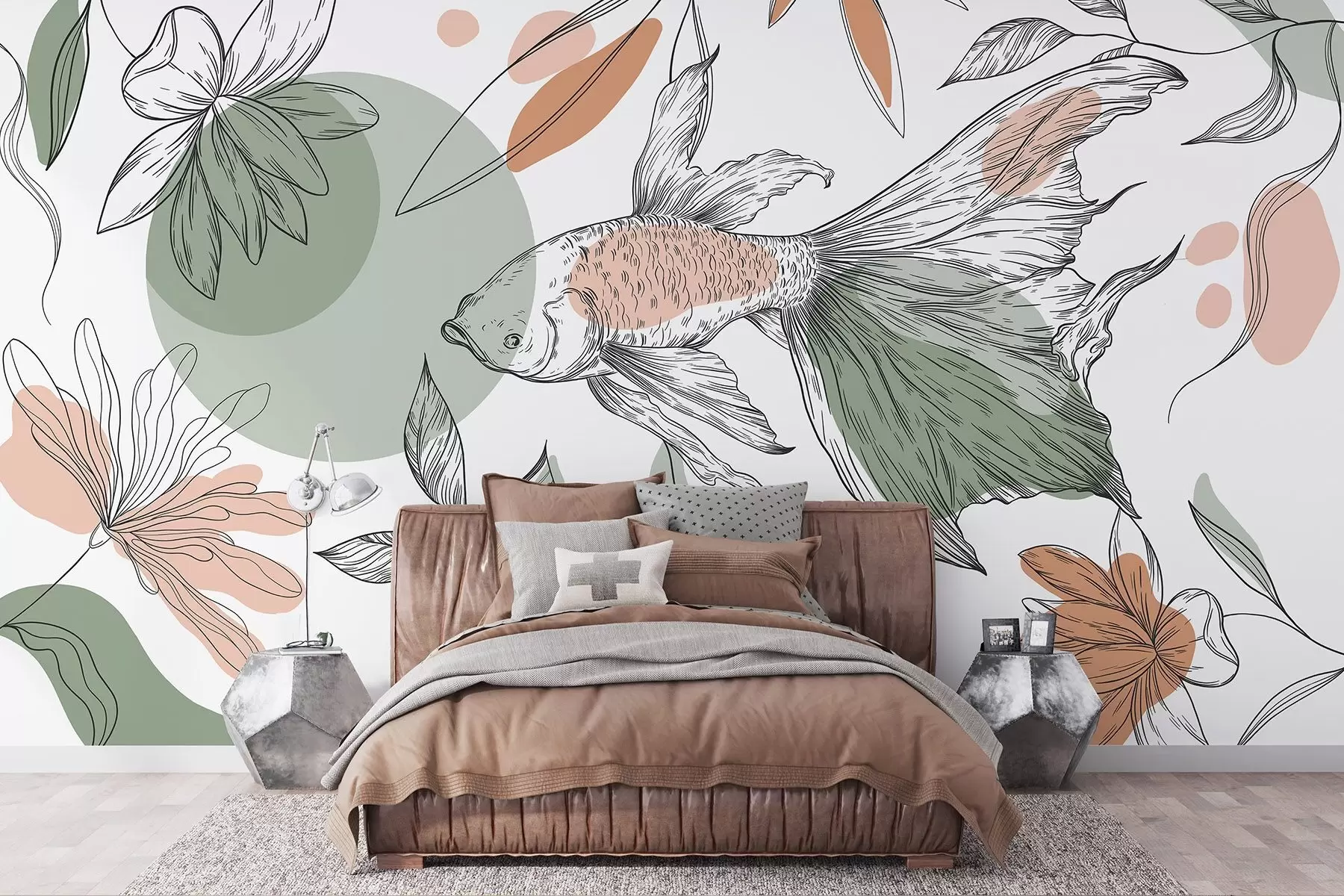 Fototapete Strichzeichnung Fisch mit Blumen, Minimalismus, marine, floral, natürliche Farben w03448