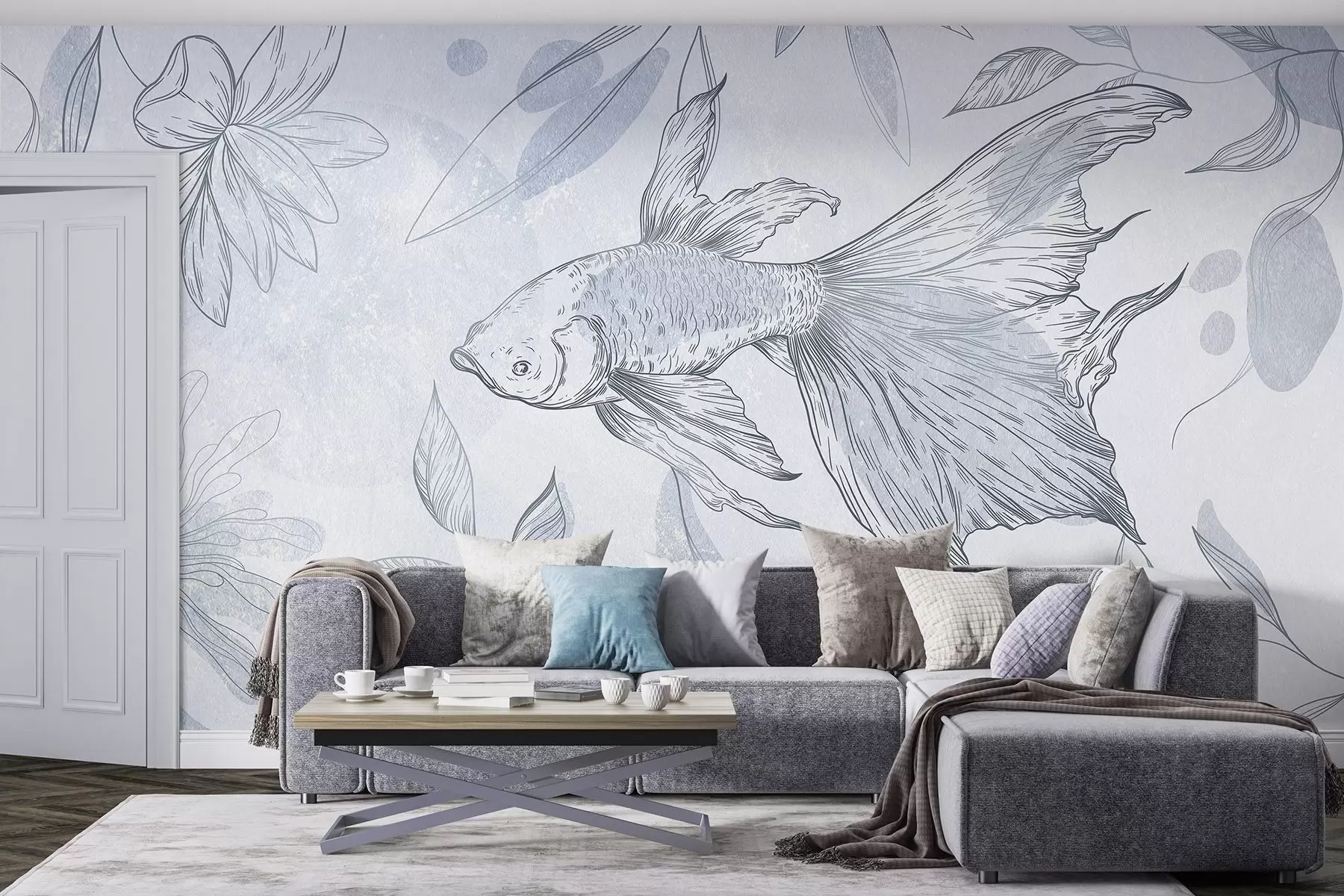 Fototapete Fisch mit floralen Elementen, blauer Hintergrund, Strichzeichnung w03517v2