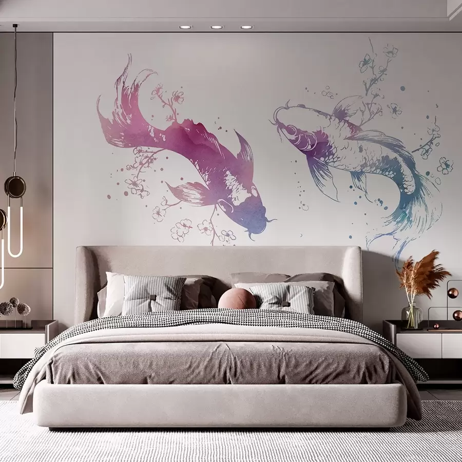 Fototapete Aquarell Fisch, orientalischer Stil, Kirschbaum, blau und lila w03447