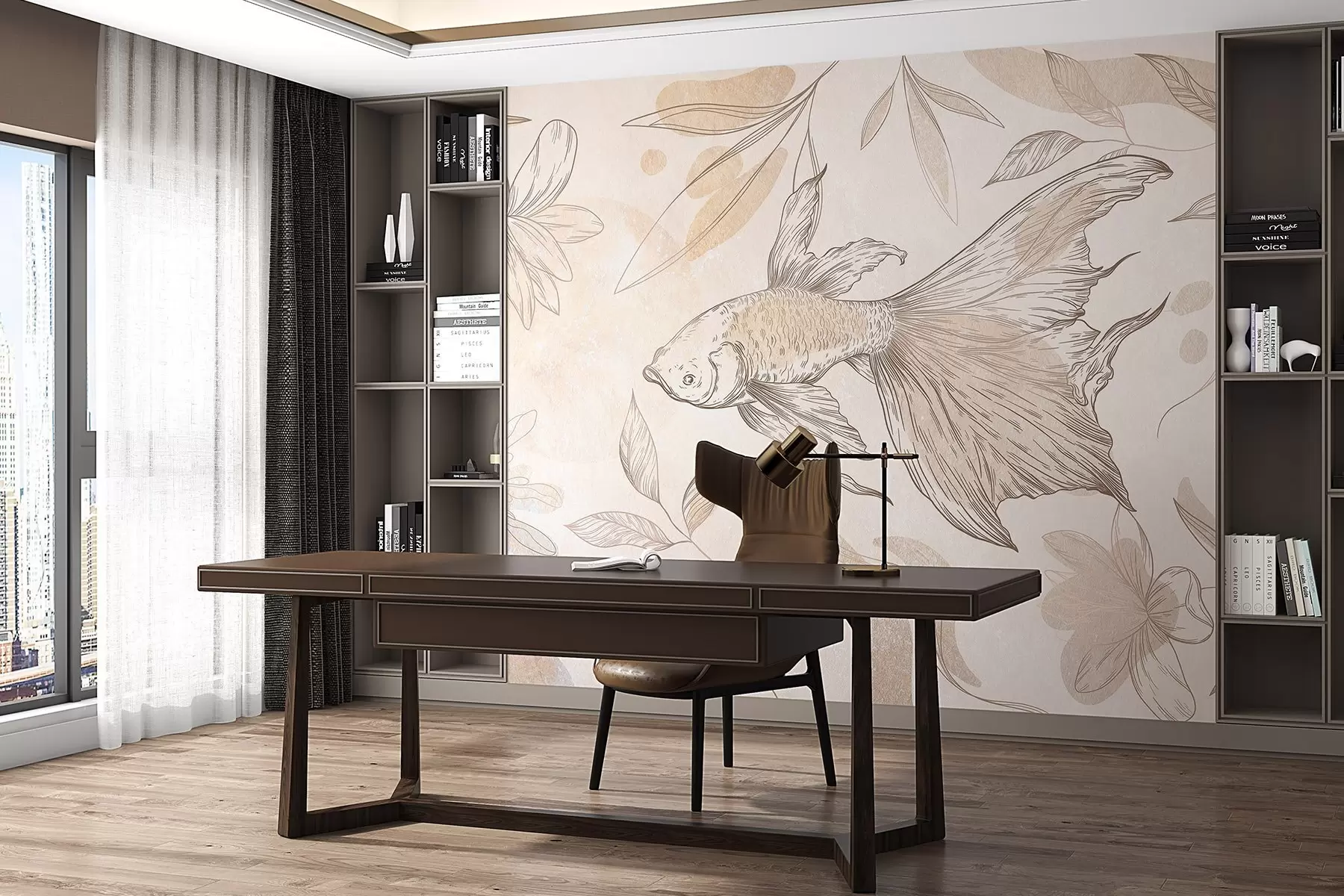 Fototapete Fisch mit floralen Elementen, beiger Hintergrund, Strichzeichnung w03517