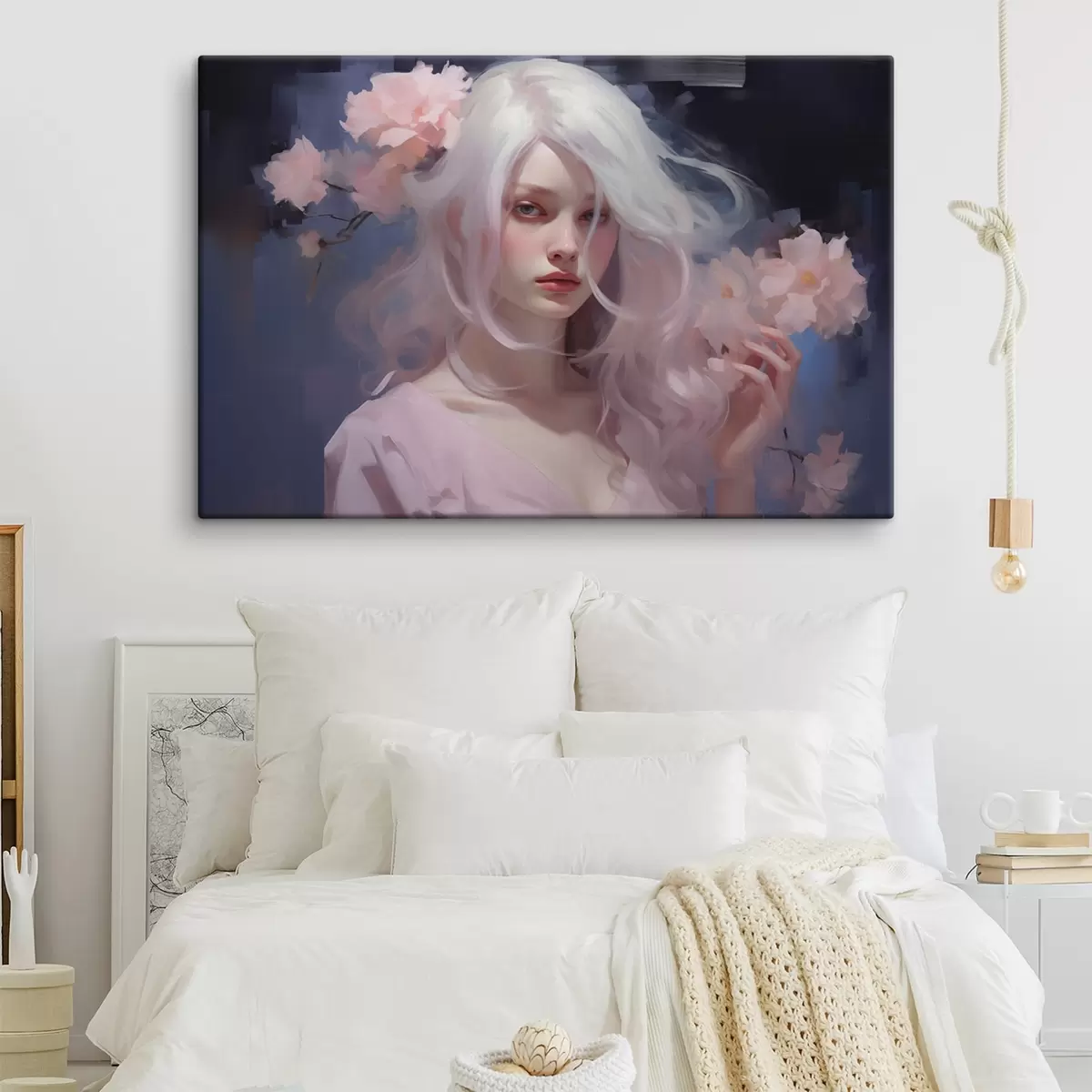 Wandbilder Mädchen mit Pfingstrosen, Acryl-Stil Zeichnung, dunkler Hintergrund s43496