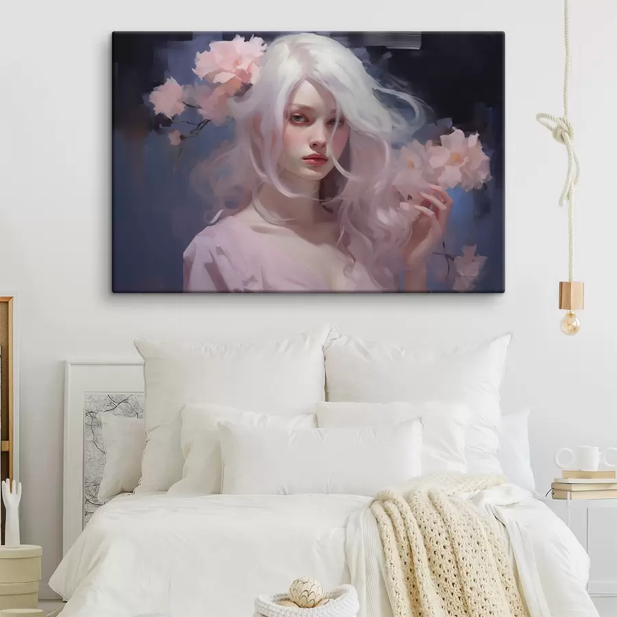 Wandbilder Mädchen mit Pfingstrosen, Acryl-Stil Zeichnung, dunkler Hintergrund s43496