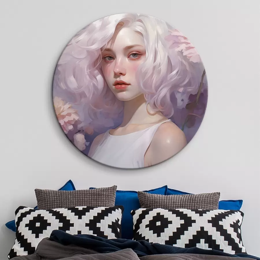 Wandbilder Schönes Mädchen in den Blumen, Acryl-Stil Zeichnung, Japan, lila Farben r43495