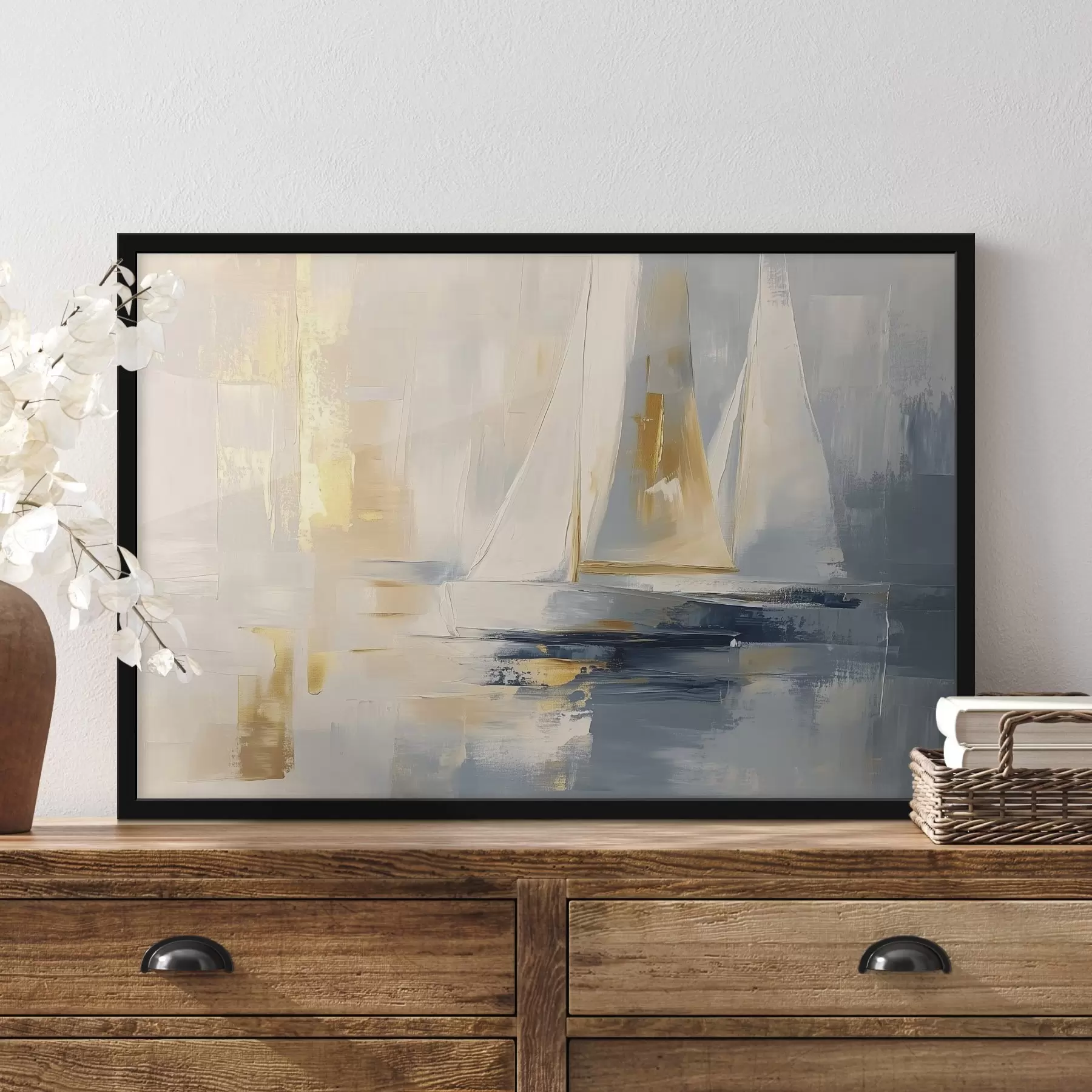 Fototapete Abstraktion mit den Segelbooten im Meer, Acryl-Stil, Sonnenuntergang f43500