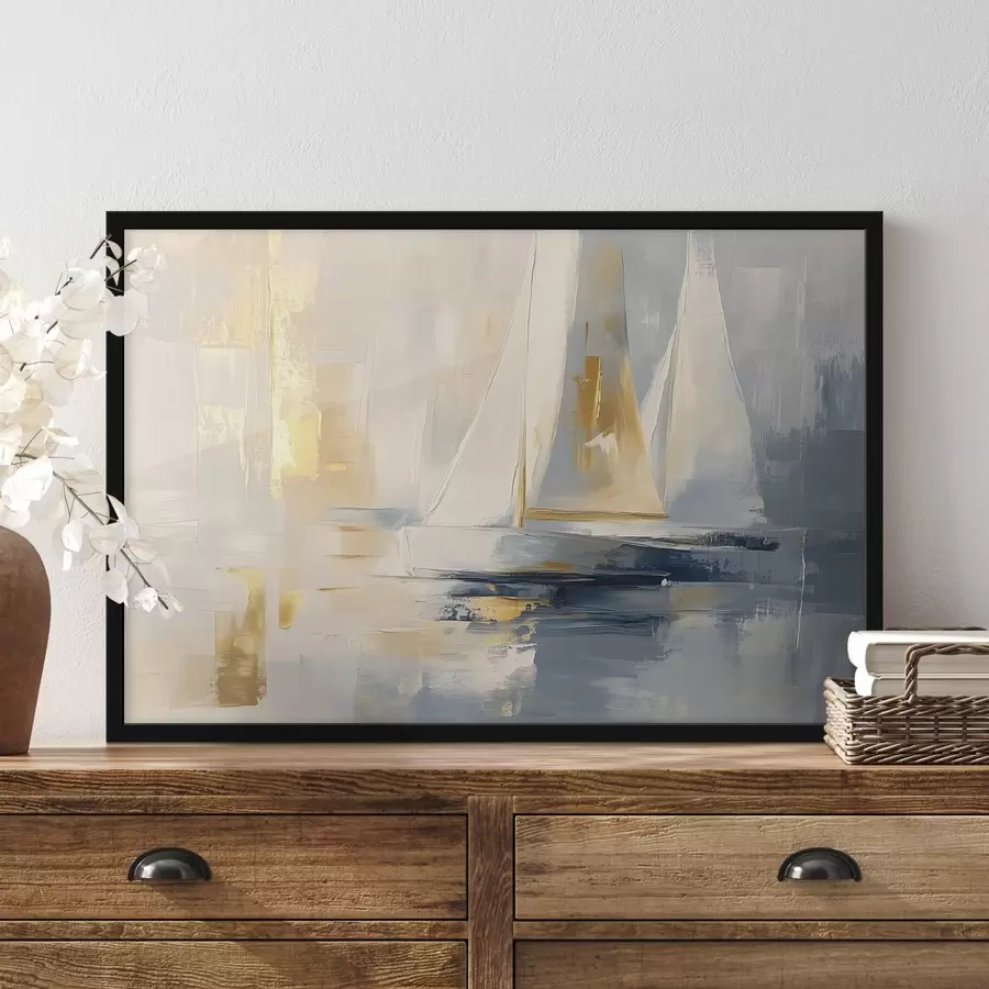 Fototapete Abstraktion mit den Segelbooten im Meer, Acryl-Stil, Sonnenuntergang f43500