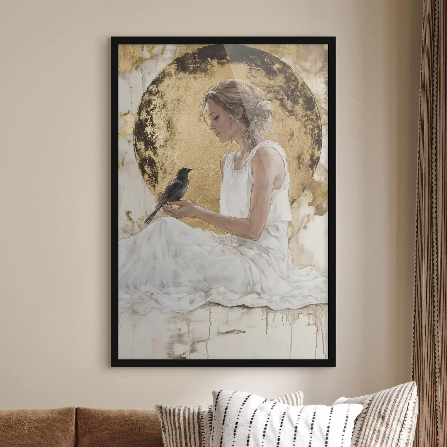 Fototapete Schöne Frau mit Vogel, Griechenland, Acryl-Stil Zeichnung f43503