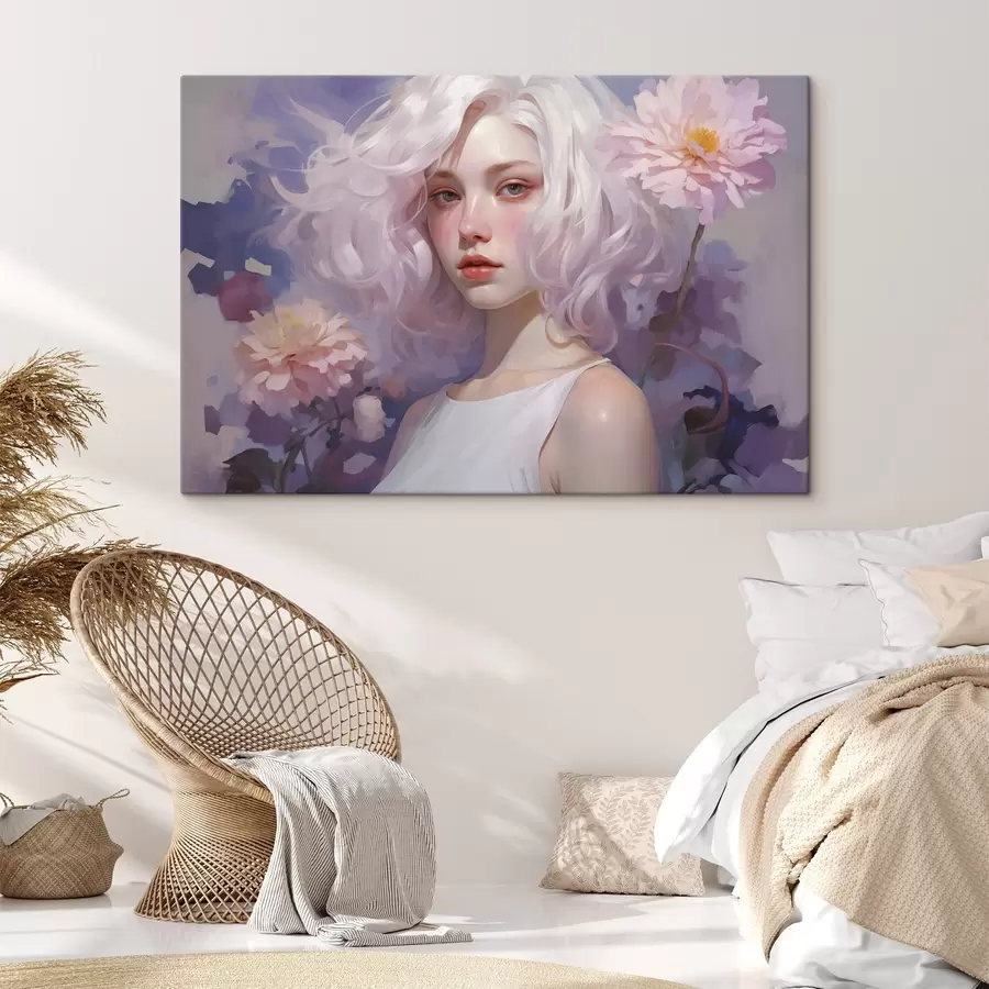 Wandbilder Schönes Mädchen in den Blumen, Acryl-Stil Zeichnung, Japan, lila Farben s43495