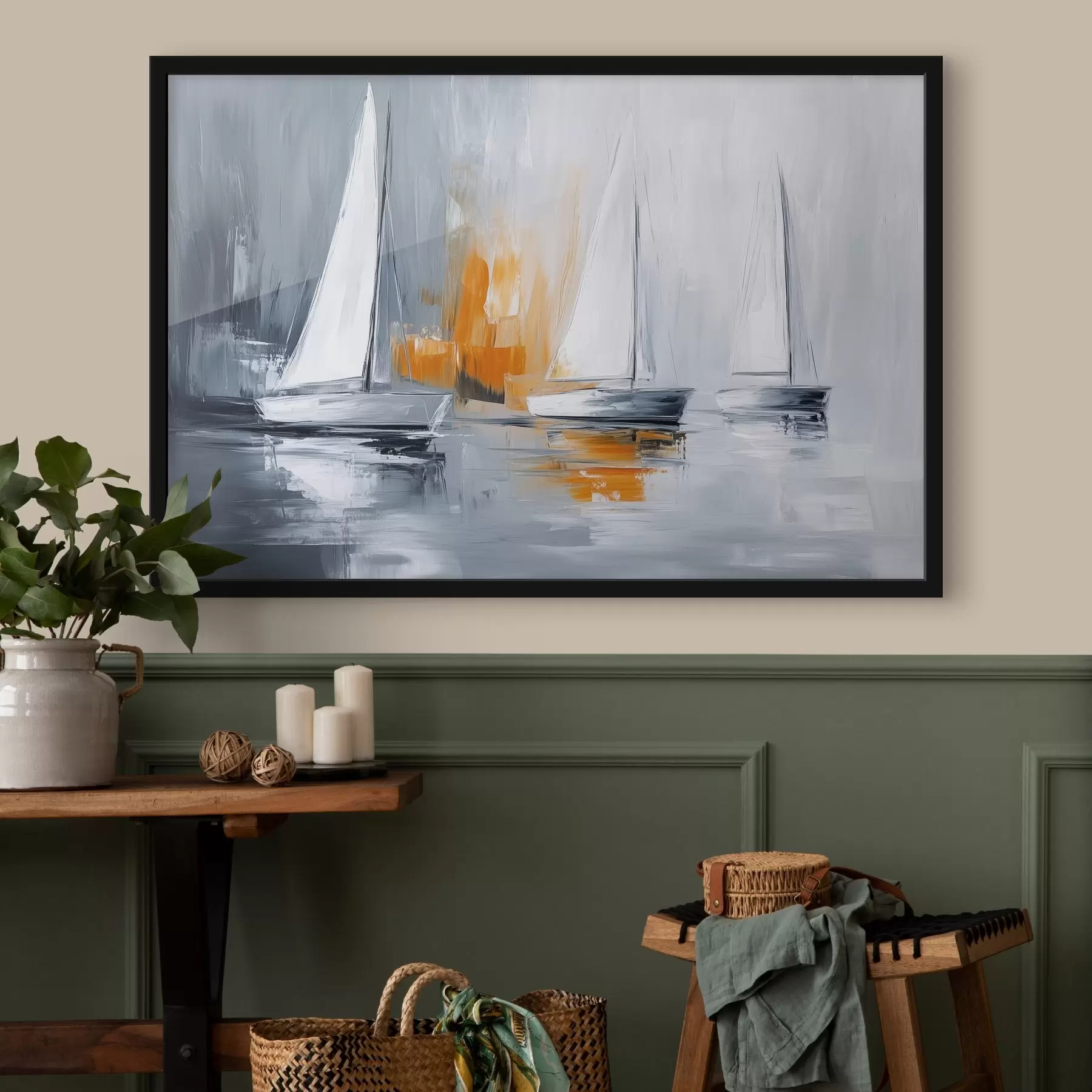 Fototapete Segelboote, Abstraktion, Zeichnung im Acrylstil, grau und orange f43499
