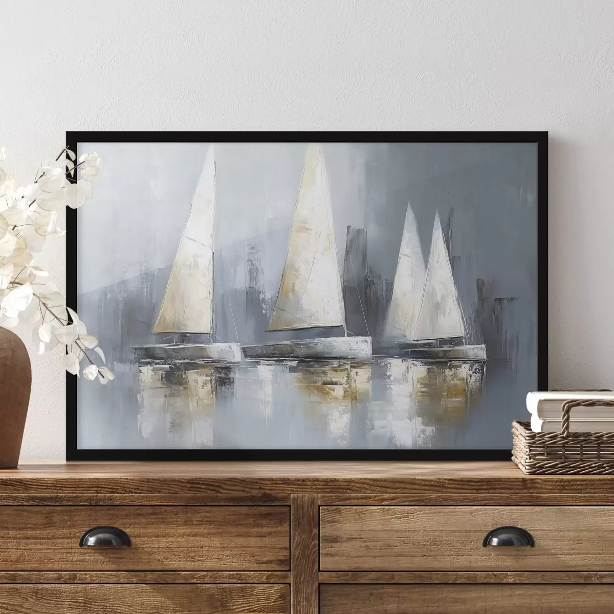 Poster Segelboote mit Spiegelungen im Wasser, Ölzeichnung, graue Farben f43506