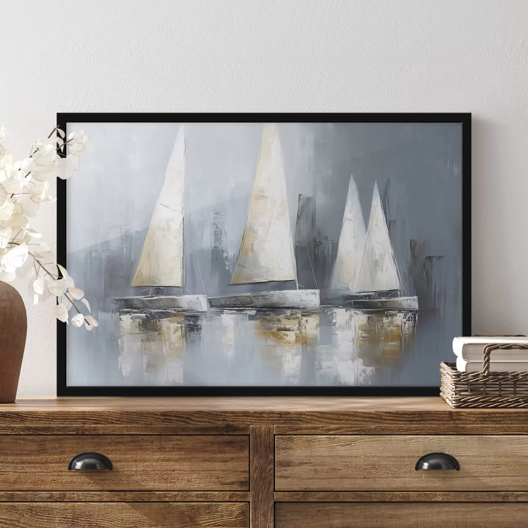 Fototapete Segelboote mit Spiegelungen im Wasser, Ölzeichnung, graue Farben f43506