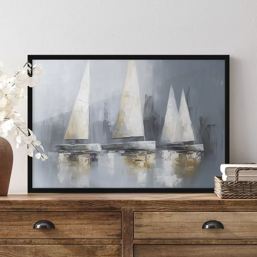 Fototapete Segelboote mit Spiegelungen im Wasser, Ölzeichnung, graue Farben f43506