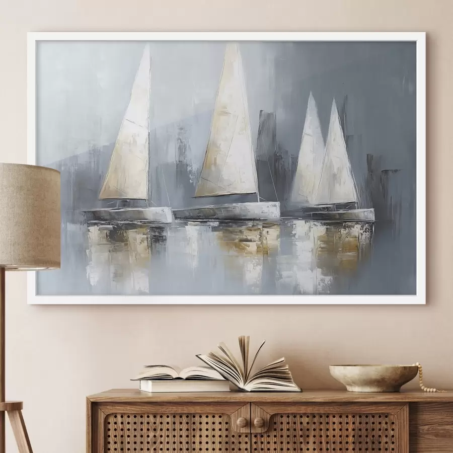 Fototapete Segelboote mit Spiegelungen im Wasser, Ölzeichnung, graue Farben f43506