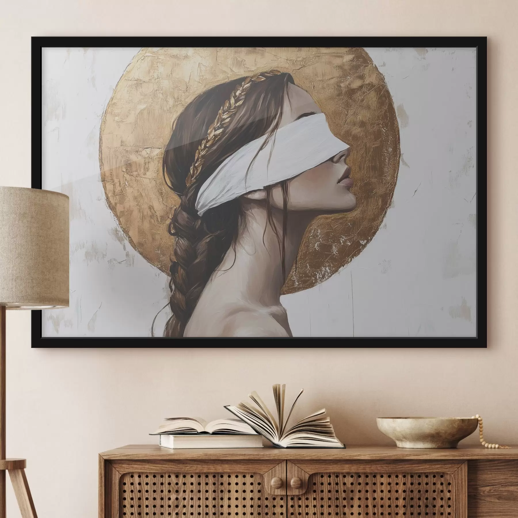 Fototapete Frau mit Augenbinde, Griechenland, Zeichnung im Acrylstil f43502