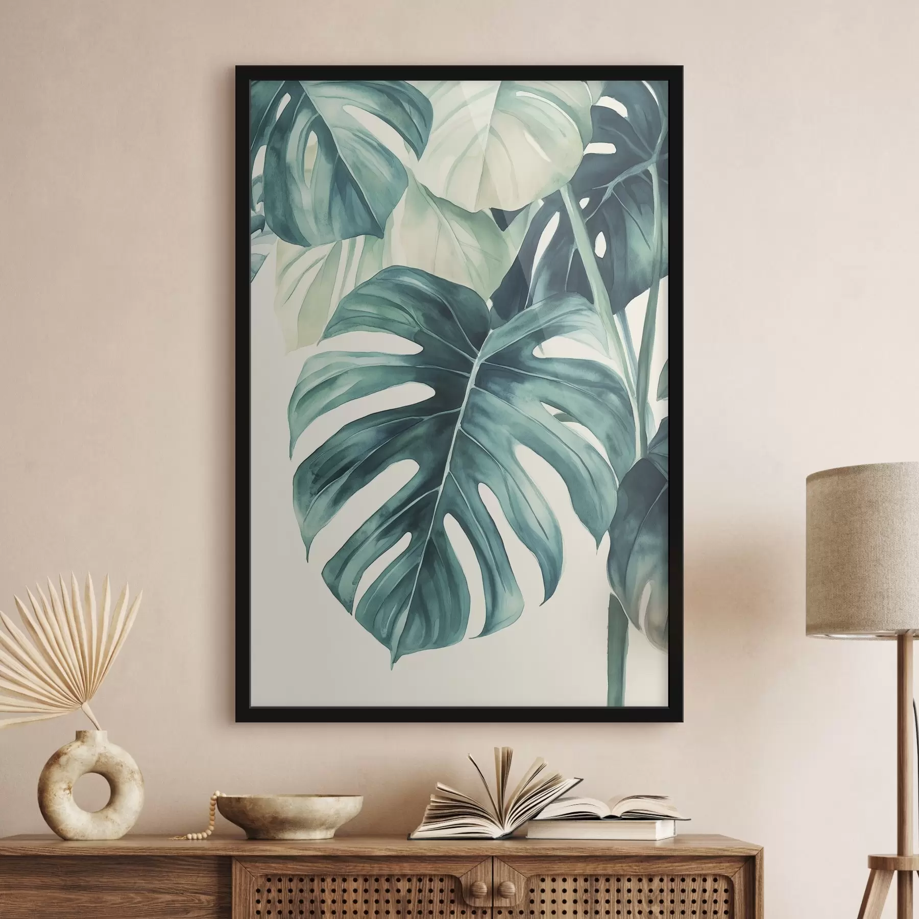 Fototapete Monstera Palmenblätter, Aquarellstil, floral, tropisch f43507