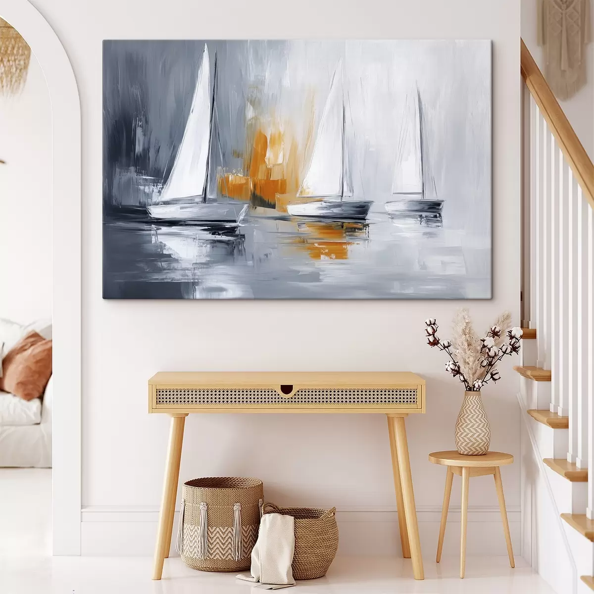 Wandbilder Segelboote, Abstraktion, Zeichnung im Acrylstil, grau und orange s43499