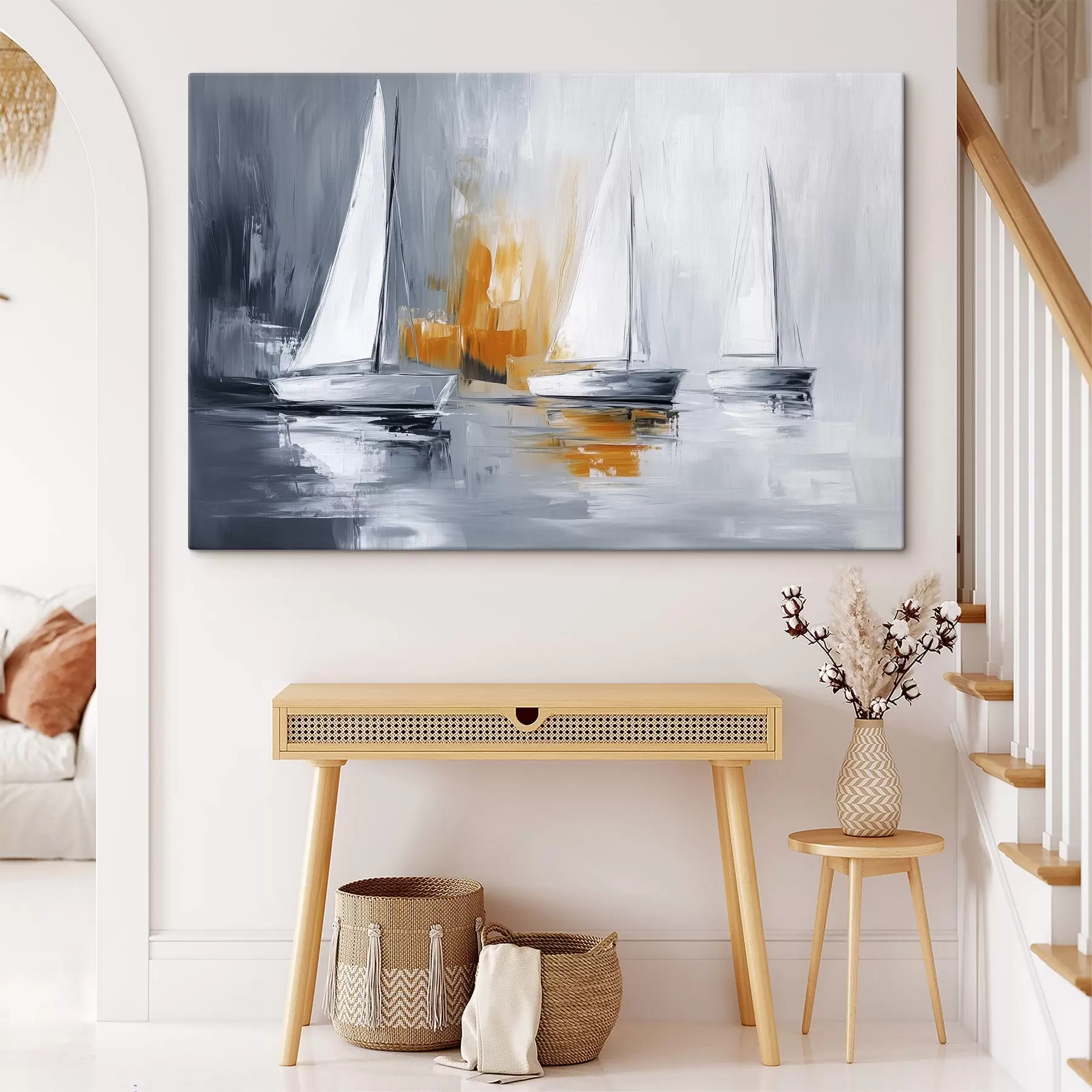 Fototapete Segelboote, Abstraktion, Zeichnung im Acrylstil, grau und orange s43499