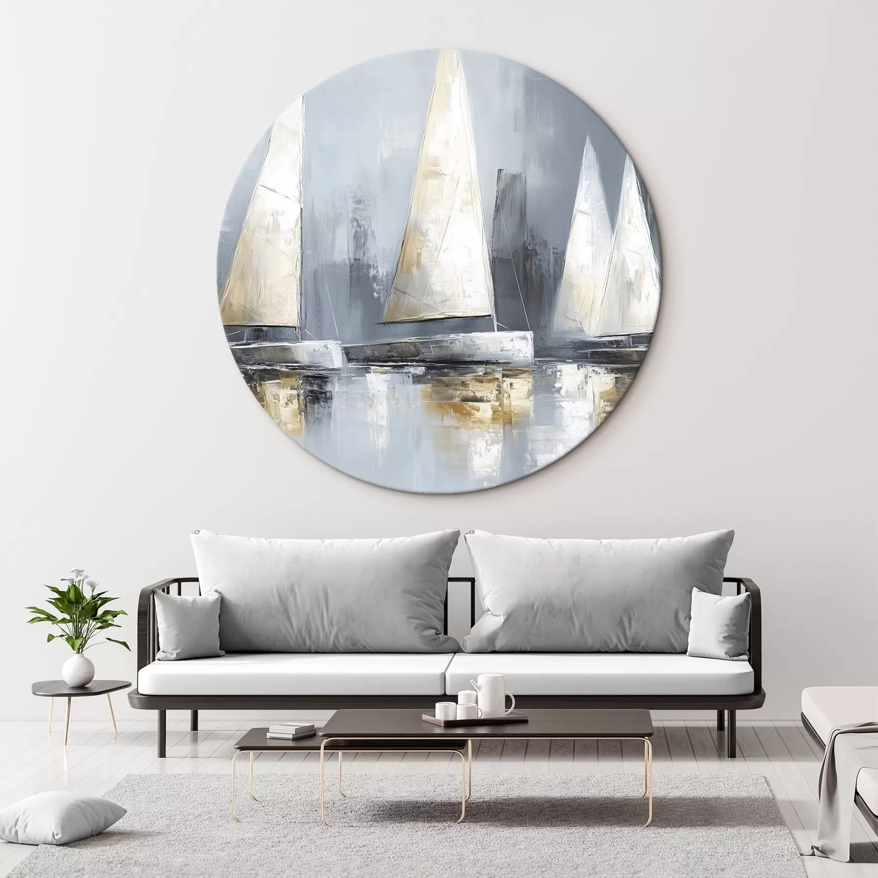 Wandbilder Segelboote mit Spiegelungen im Wasser, Ölzeichnung, graue Farben r43506