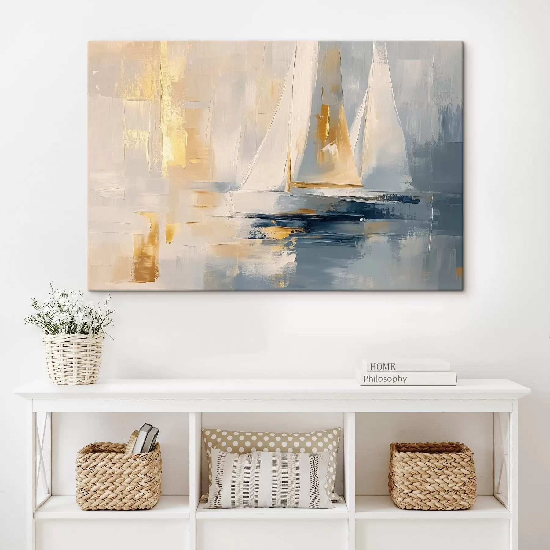 Fototapete Abstraktion mit den Segelbooten im Meer, Acryl-Stil, Sonnenuntergang s43500