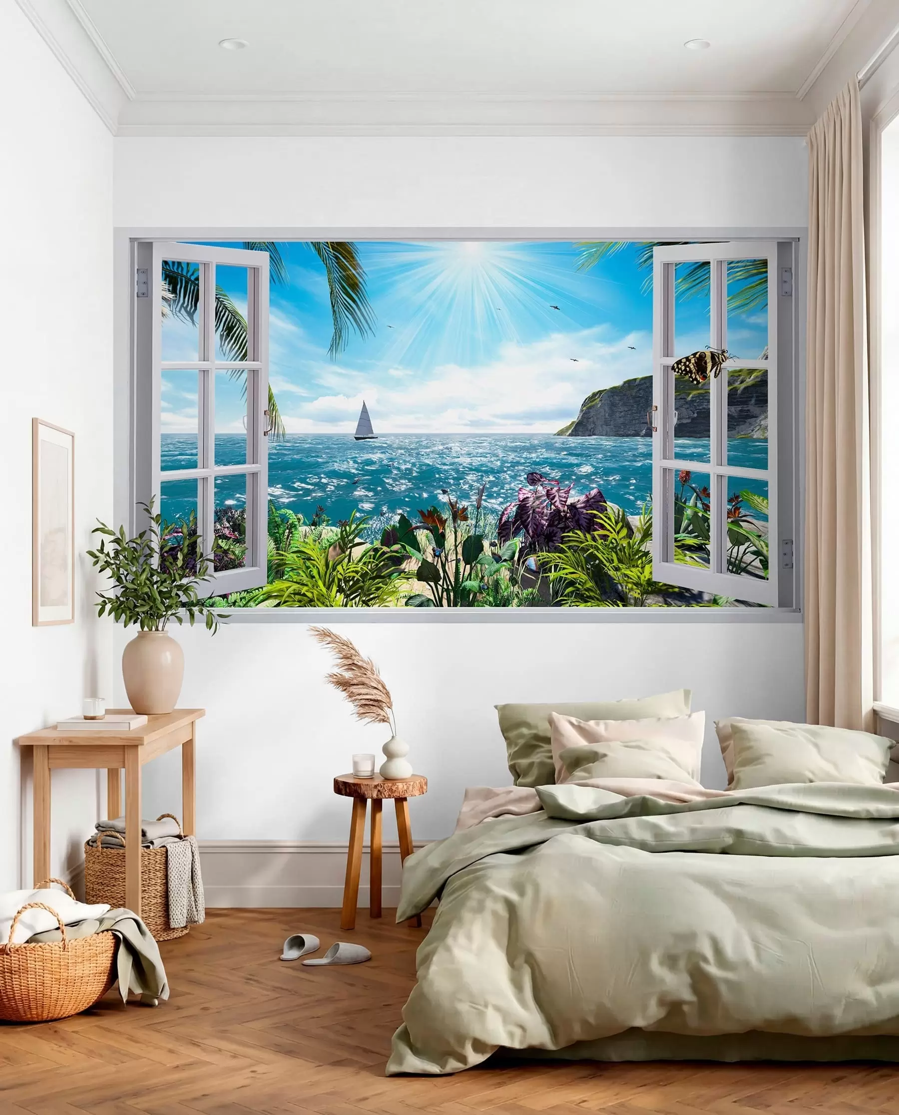Fototapete Blick aus dem Fenster auf das Meer und die Jacht u54608