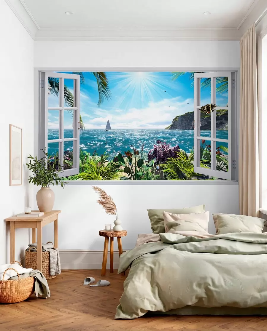 Fototapete Blick aus dem Fenster auf das Meer und die Jacht u54608