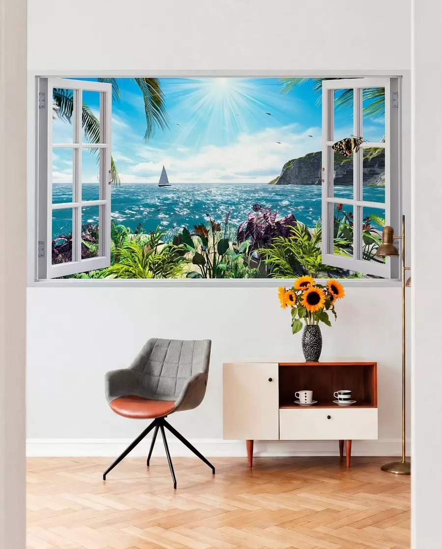 Fototapete Blick aus dem Fenster auf das Meer und die Jacht u54608