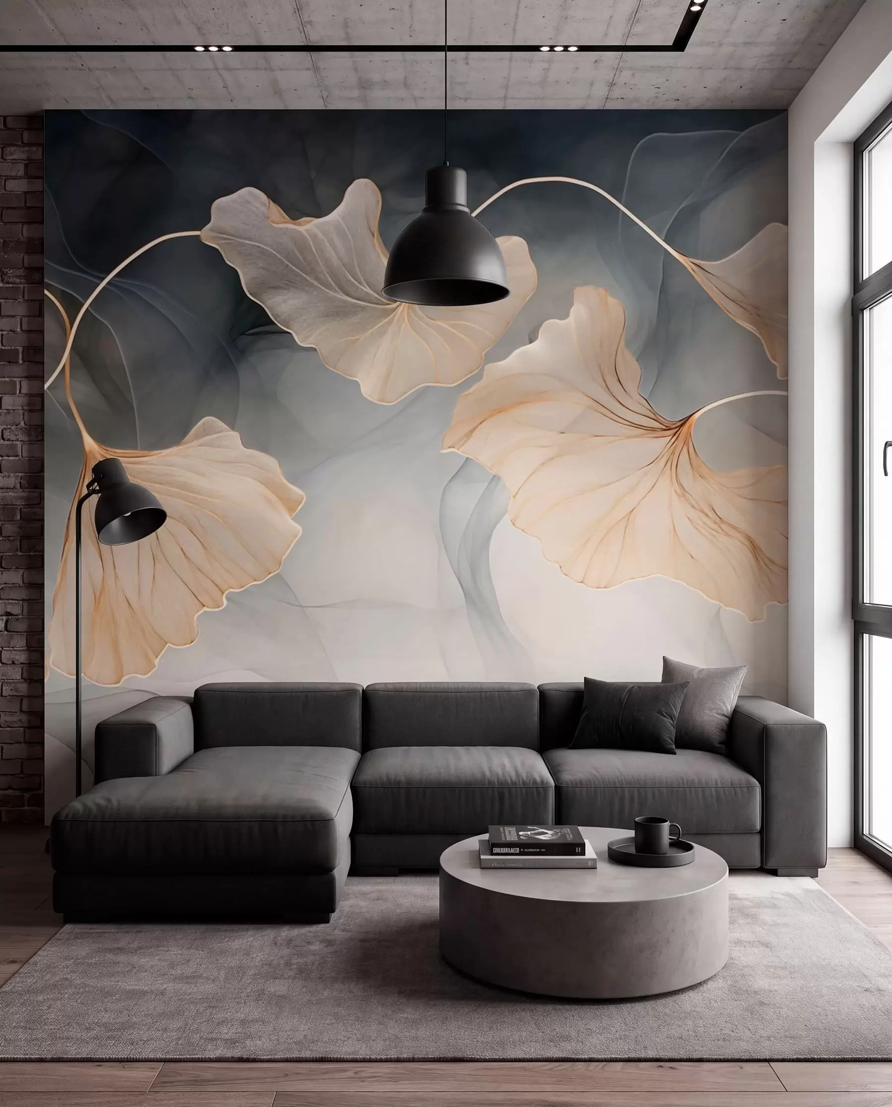 Fototapete Ginkgo in Anthrazit und Gold w03511
