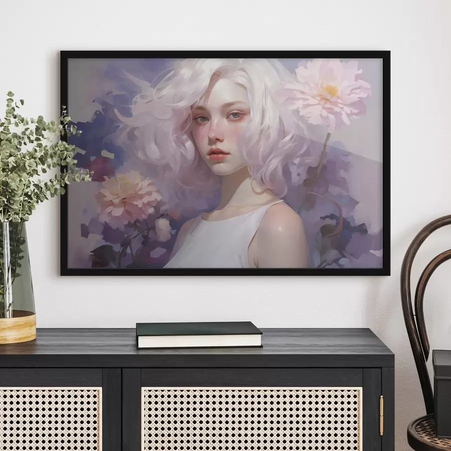 Fototapete Schönes Mädchen in den Blumen, Acryl-Stil Zeichnung, Japan, lila Farben f43495