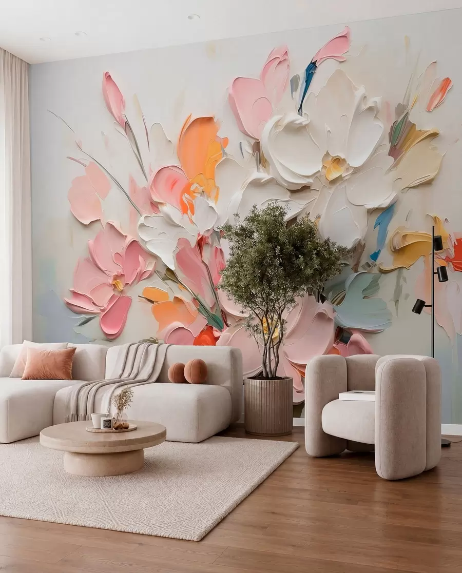 Fototapete Abstrakte volumetrische Blumen im Stil der Ölmalerei w03582