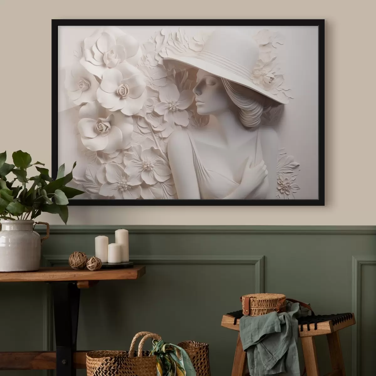 Poster Nachgeahmtes Flachrelief einer Frau mit Hut f43547