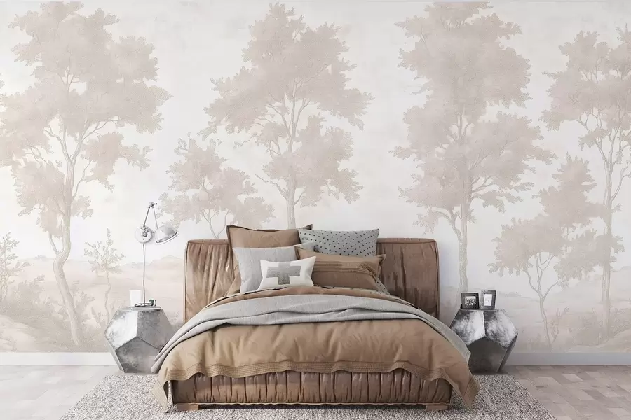 Fototapete Bäume auf dem Hügel, Pastell-Stil Zeichnung, beige Farben, rustikal w03550