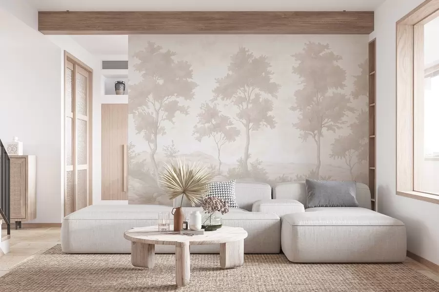 Fototapete Bäume auf dem Hügel, Pastell-Stil Zeichnung, beige Farben, rustikal w03550