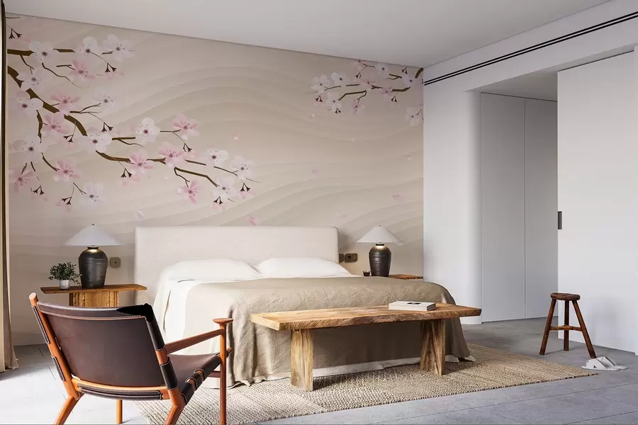 Fototapete Sakura-Zweige auf gewelltem sandigem Hintergrund w08959