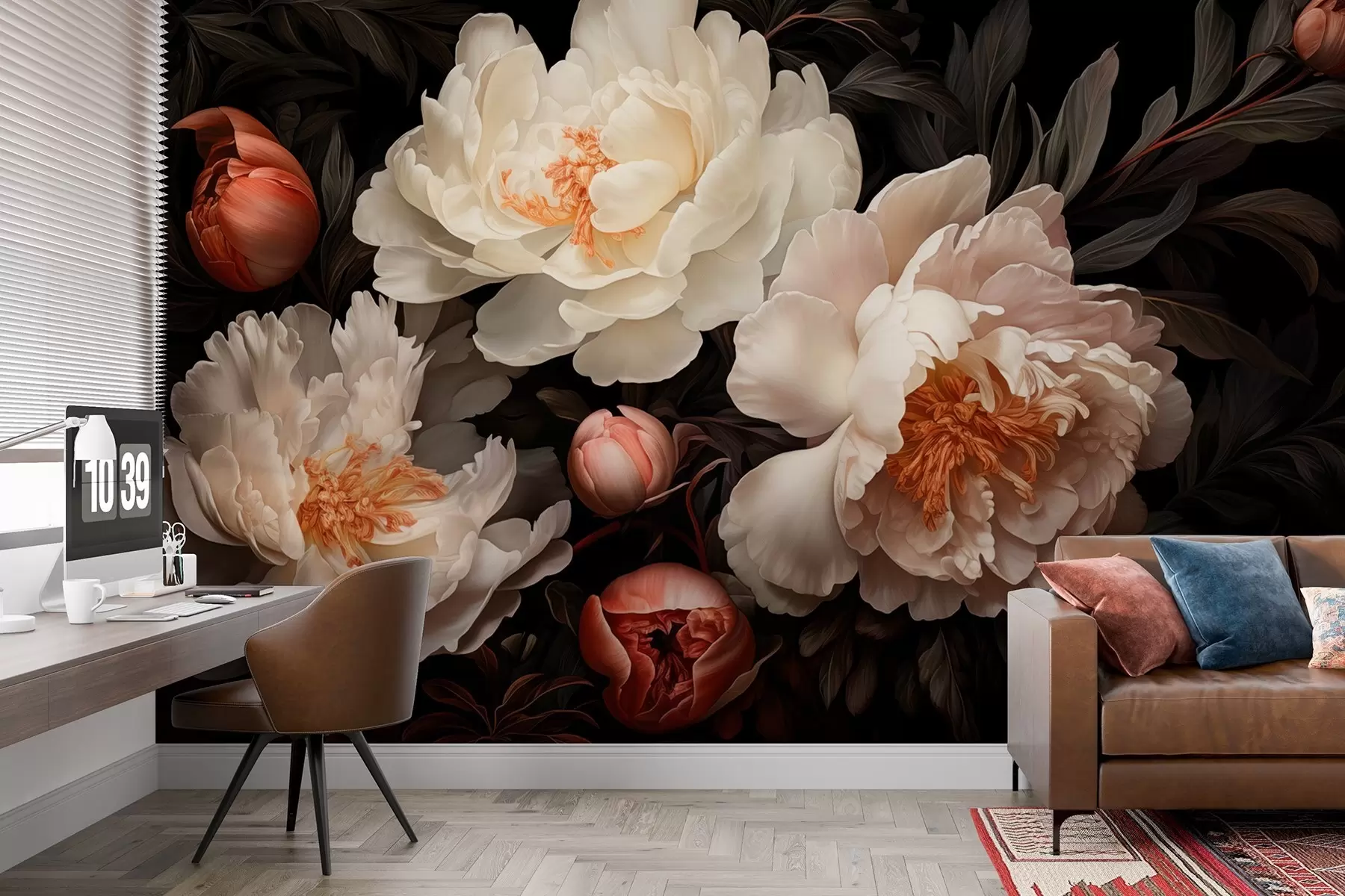 Fototapete Weiße große Pfingstrosen mit roten Knospen auf dunklem Hintergrund w08965