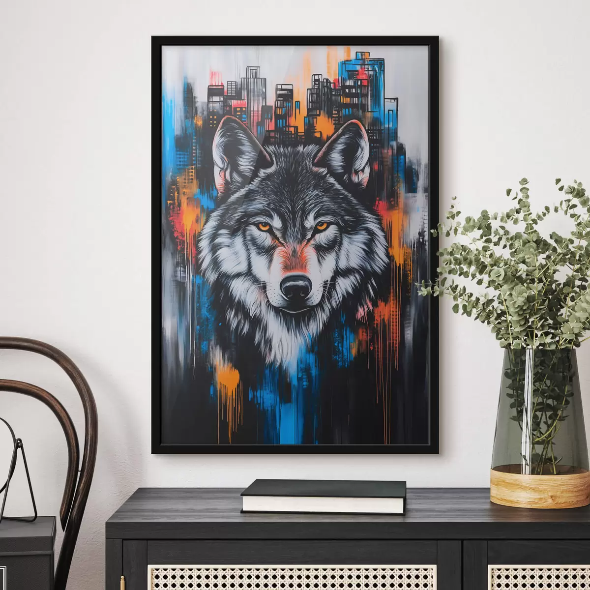Poster Ein Wolf im Hintergrund der Stadt f42994